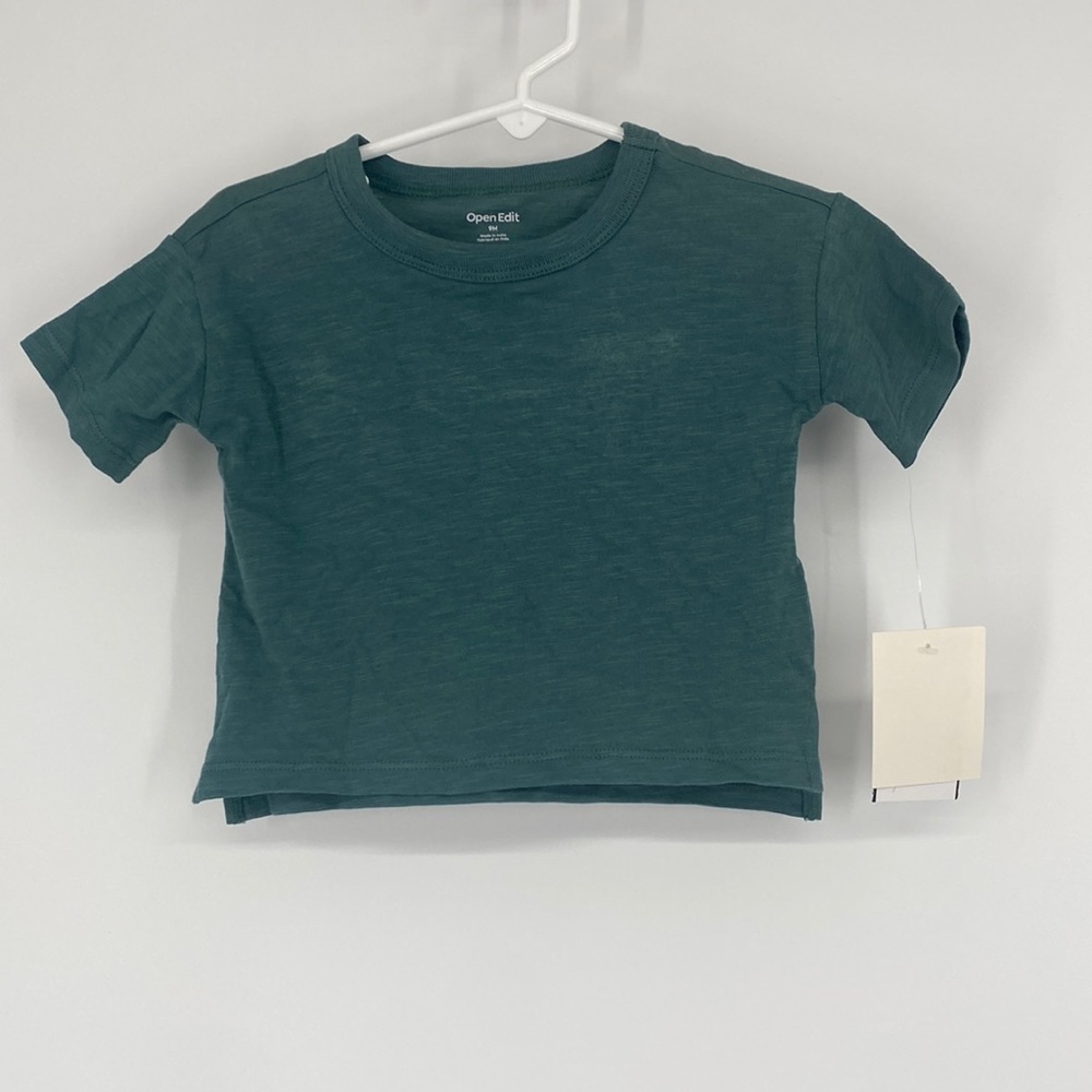 Open Edit Baby Short Sleeve Crew Neck T-Shirt Side Slit Ivory Green Size 9M NWT